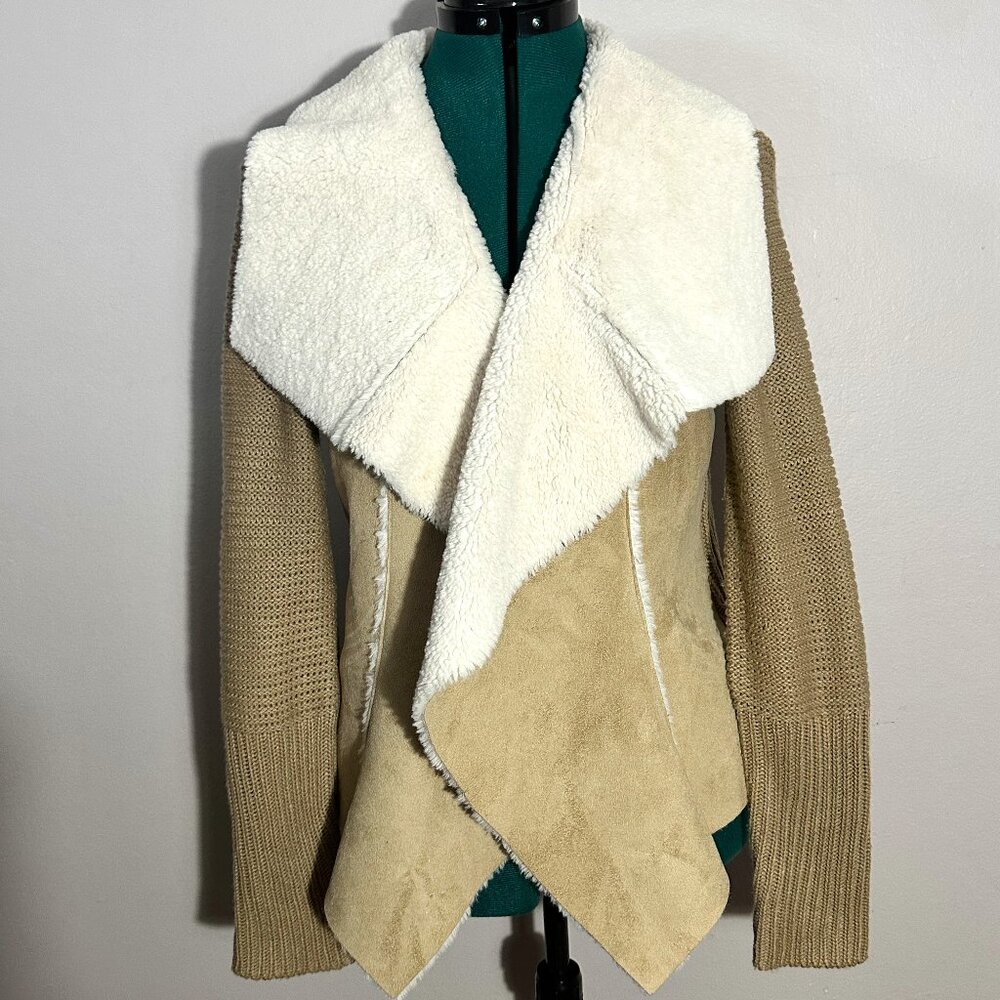 Medium Knox Rose Open Front Faux Suede Shearling Tan Cardigan Sweater Jacket